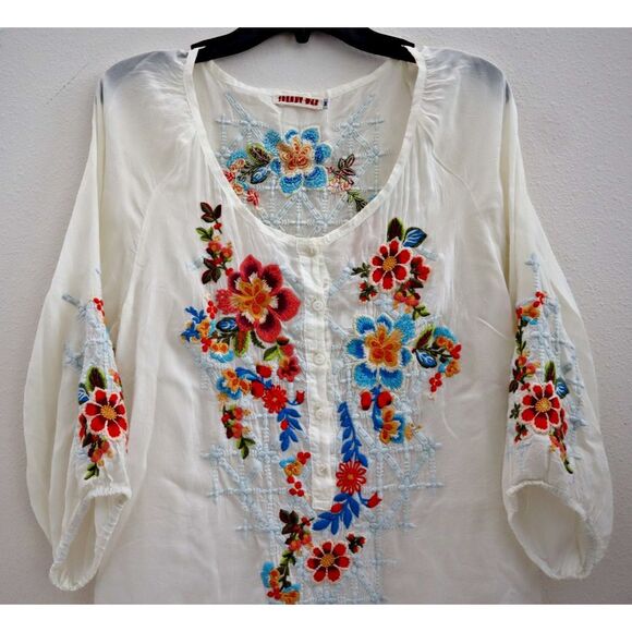 Johnny Was Women's Sz M White Floral Embroidered Tunic Blouse - Picture 4 of 11